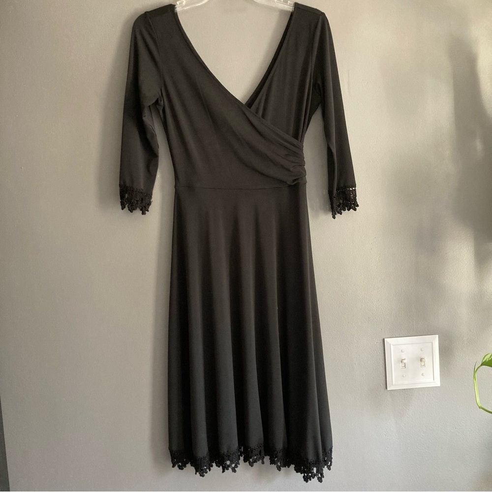 Maggy London Black Stretchy 3/4 Sleeve Lace TrimDress